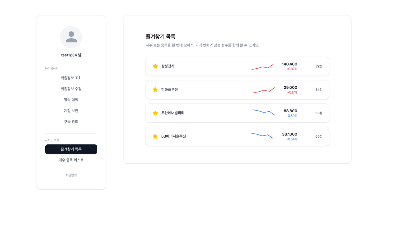 즐겨찾기 종목 목록